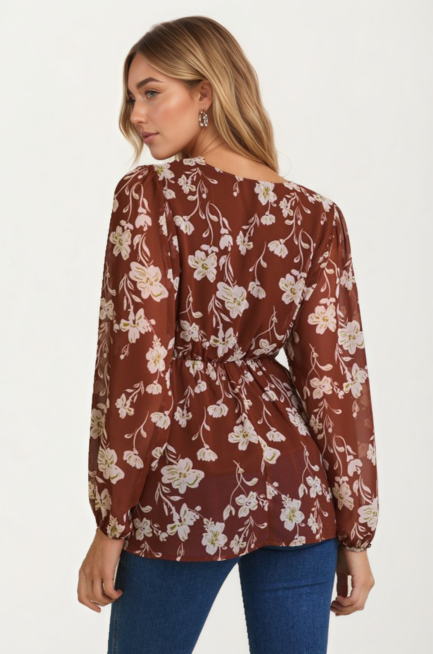 Long Sleeve Floral Wrap Blouse with Empire Waist