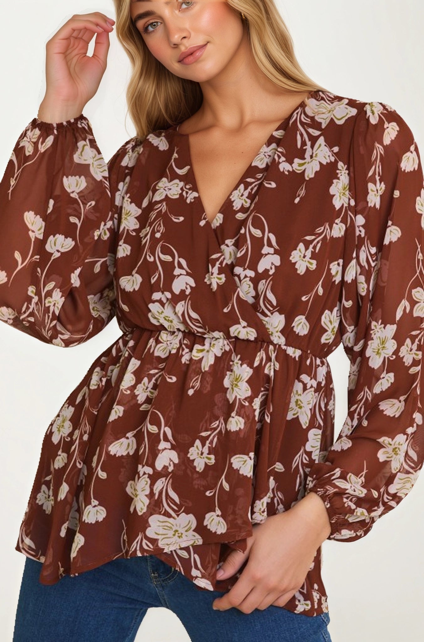 Long Sleeve Floral Wrap Blouse with Empire Waist