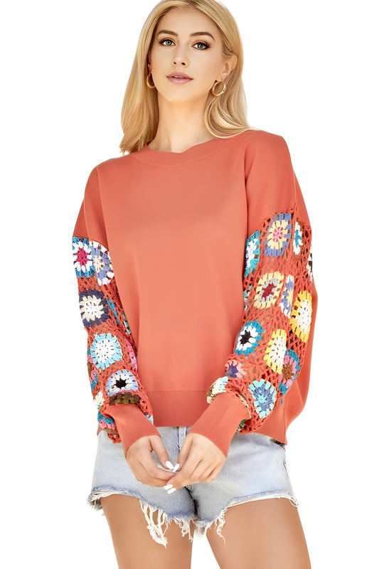 Terracotta French Terry Sweater With Crochet Balloon Sleeves
