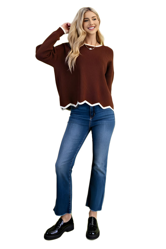Coffee Waffle Knit Sweater With Contrast Trim Detail