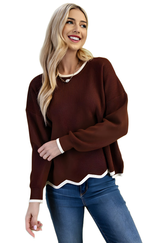 Coffee Waffle Knit Sweater With Contrast Trim Detail