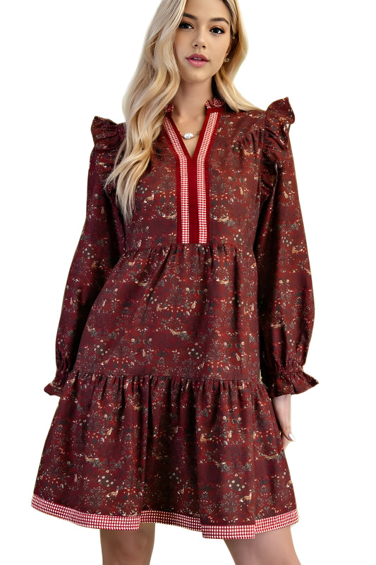 Burgundy Long Sleeve Ruffle Dress With Gingham Trim Detail