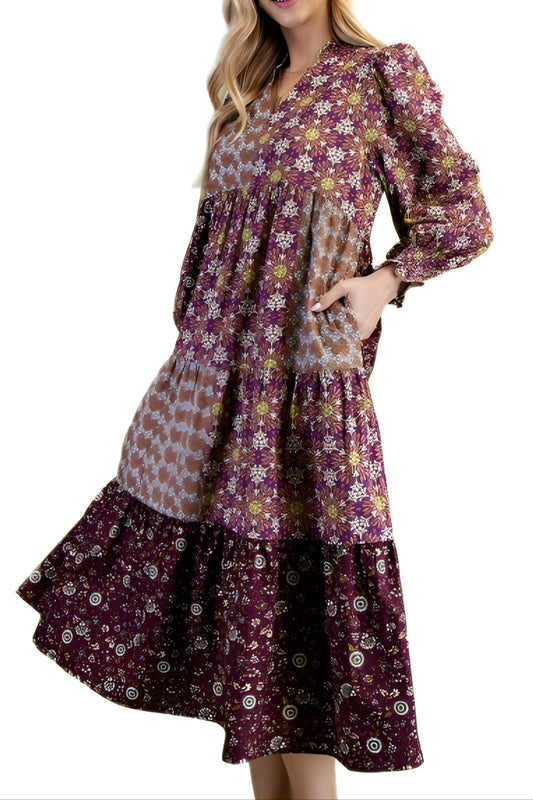 Patchwork Tiered Midi Dress With Floral Print and Blouson Sleeves