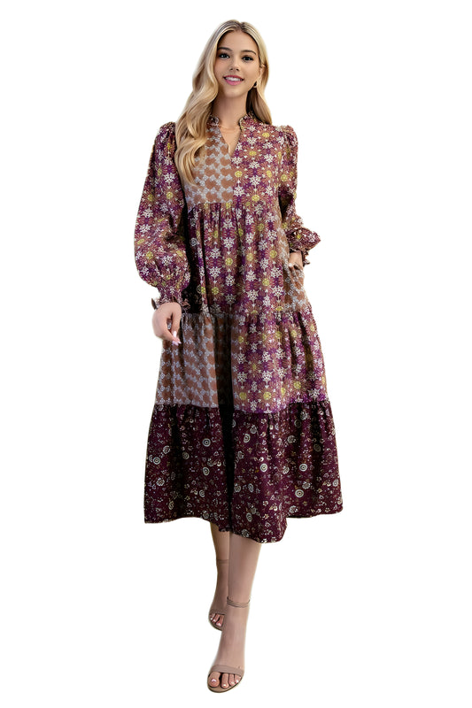 Patchwork Tiered Midi Dress With Floral Print and Blouson Sleeves