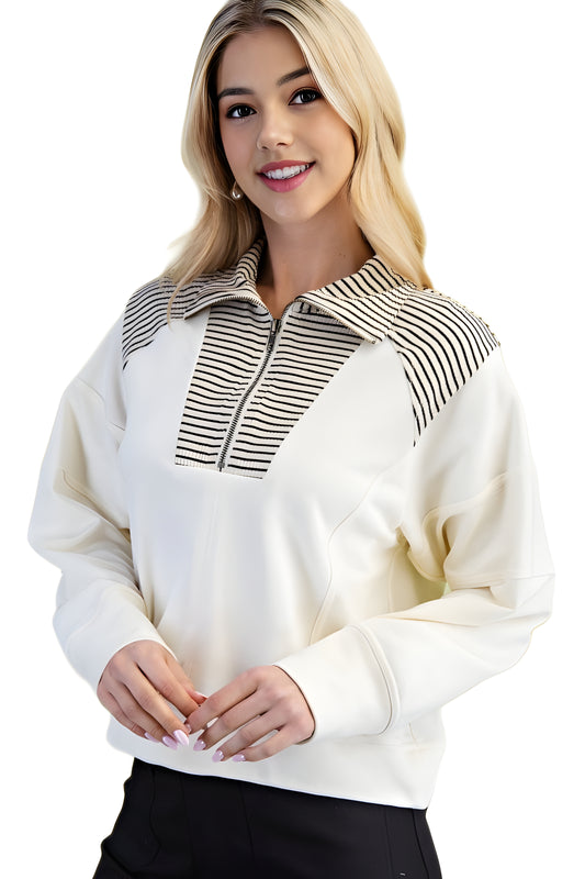 Striped Half-Zip Ivory Sweater With Contrast Collar Trim