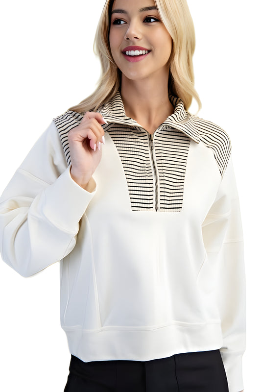 Striped Half-Zip Ivory Sweater With Contrast Collar Trim