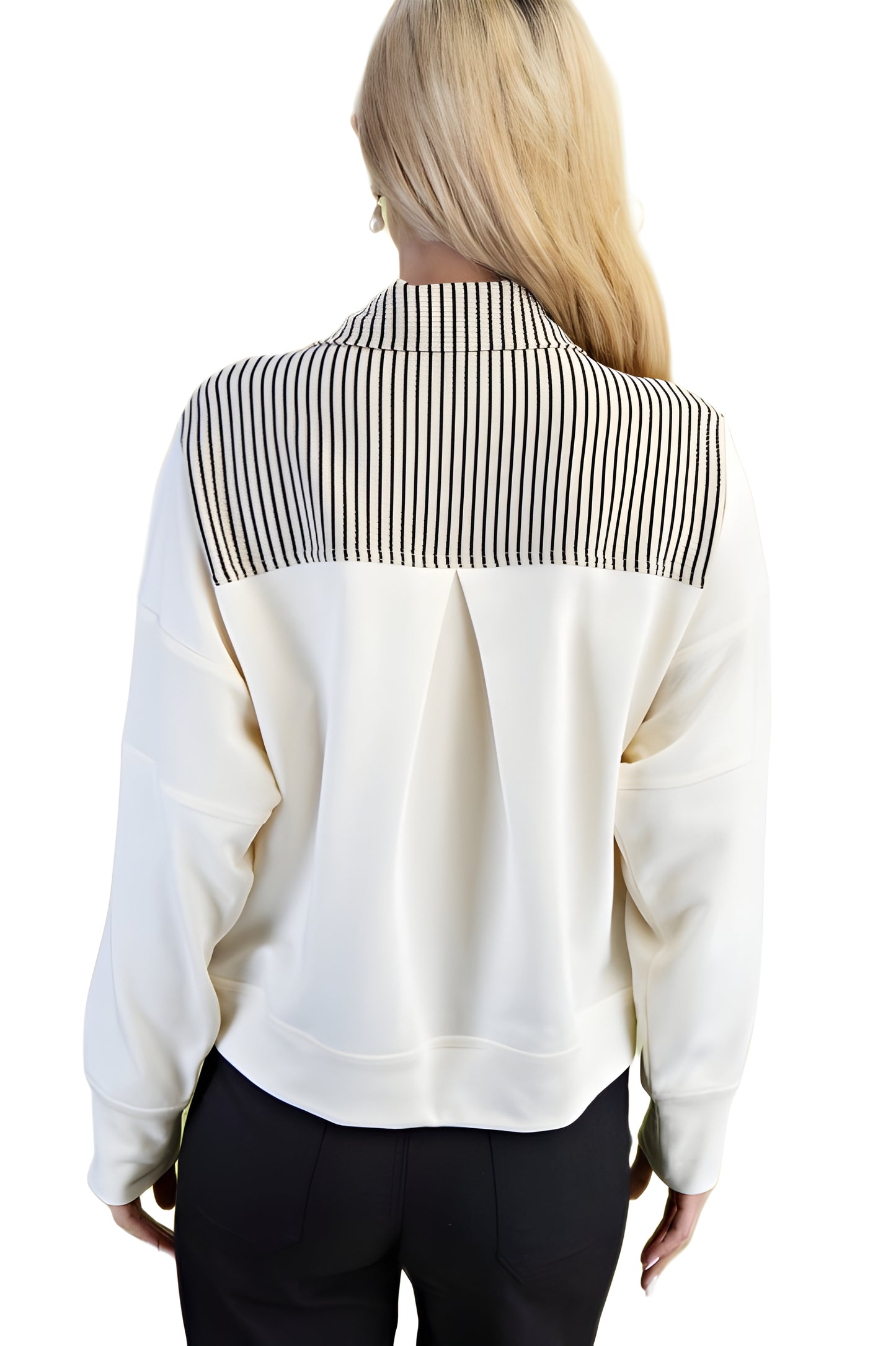 Striped Half-Zip Ivory Sweater With Contrast Collar Trim