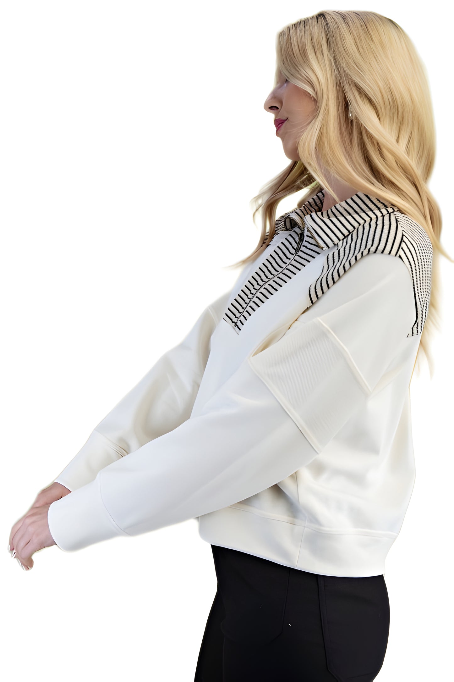 Striped Half-Zip Ivory Sweater With Contrast Collar Trim