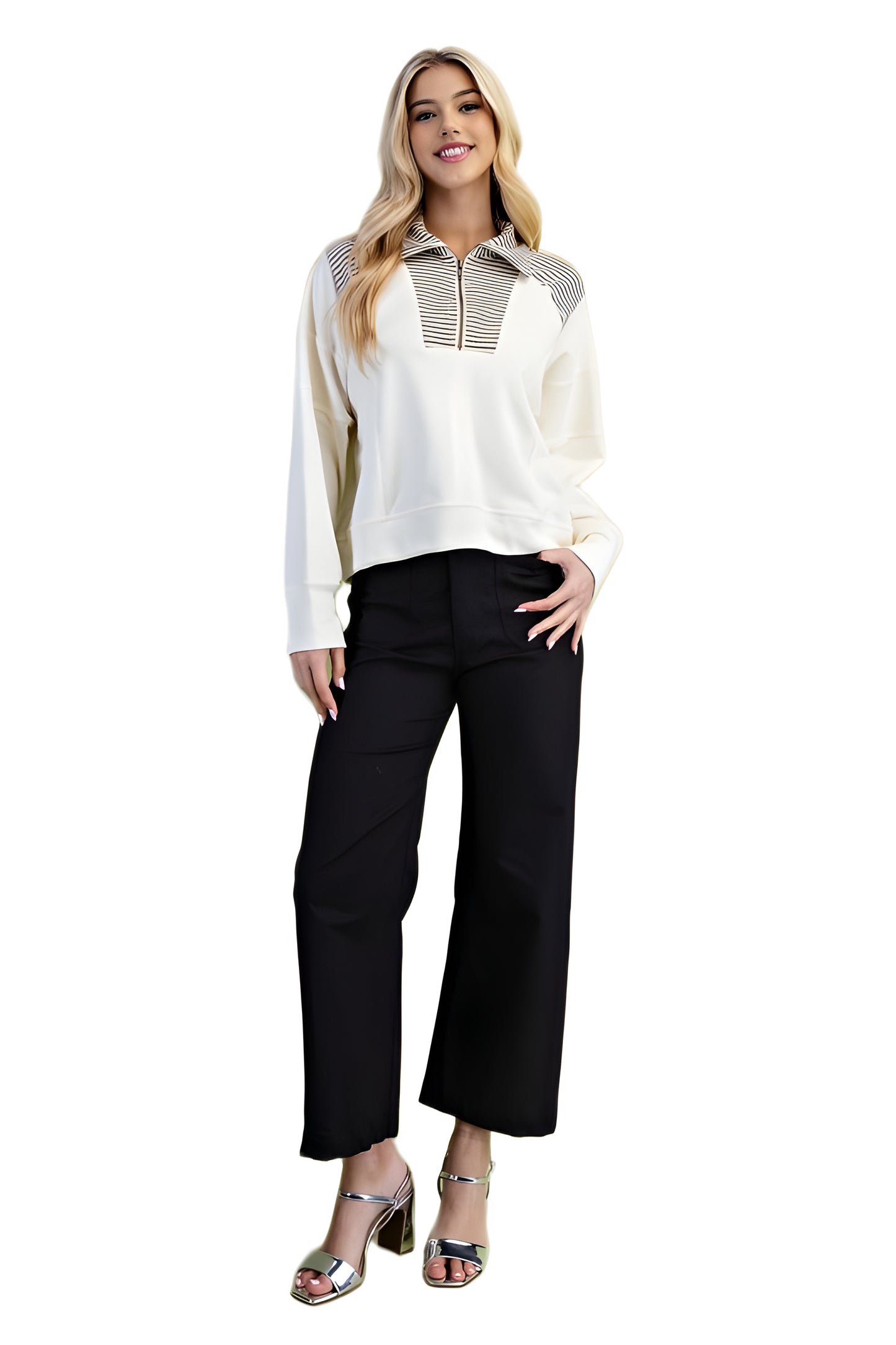 Striped Half-Zip Ivory Sweater With Contrast Collar Trim