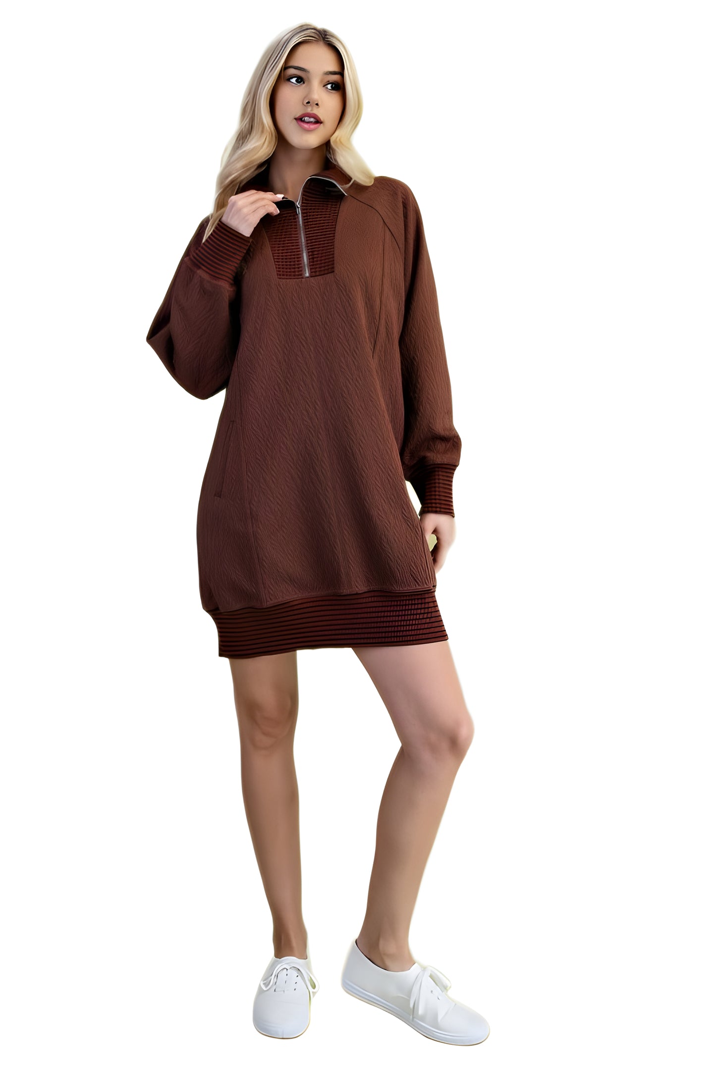Textured Knit Half-Zip Dress With Contrast Ribbed Trim