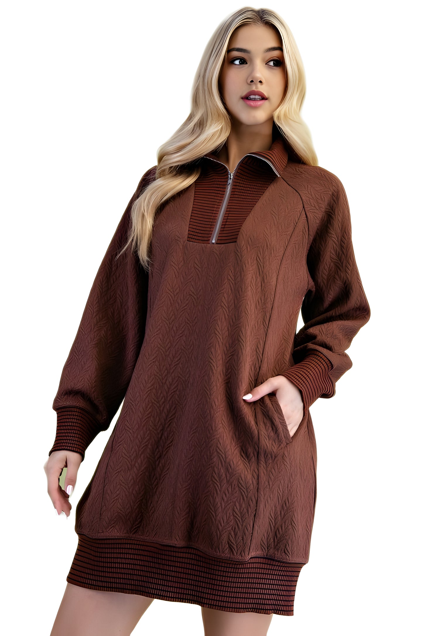 Textured Knit Half-Zip Dress With Contrast Ribbed Trim