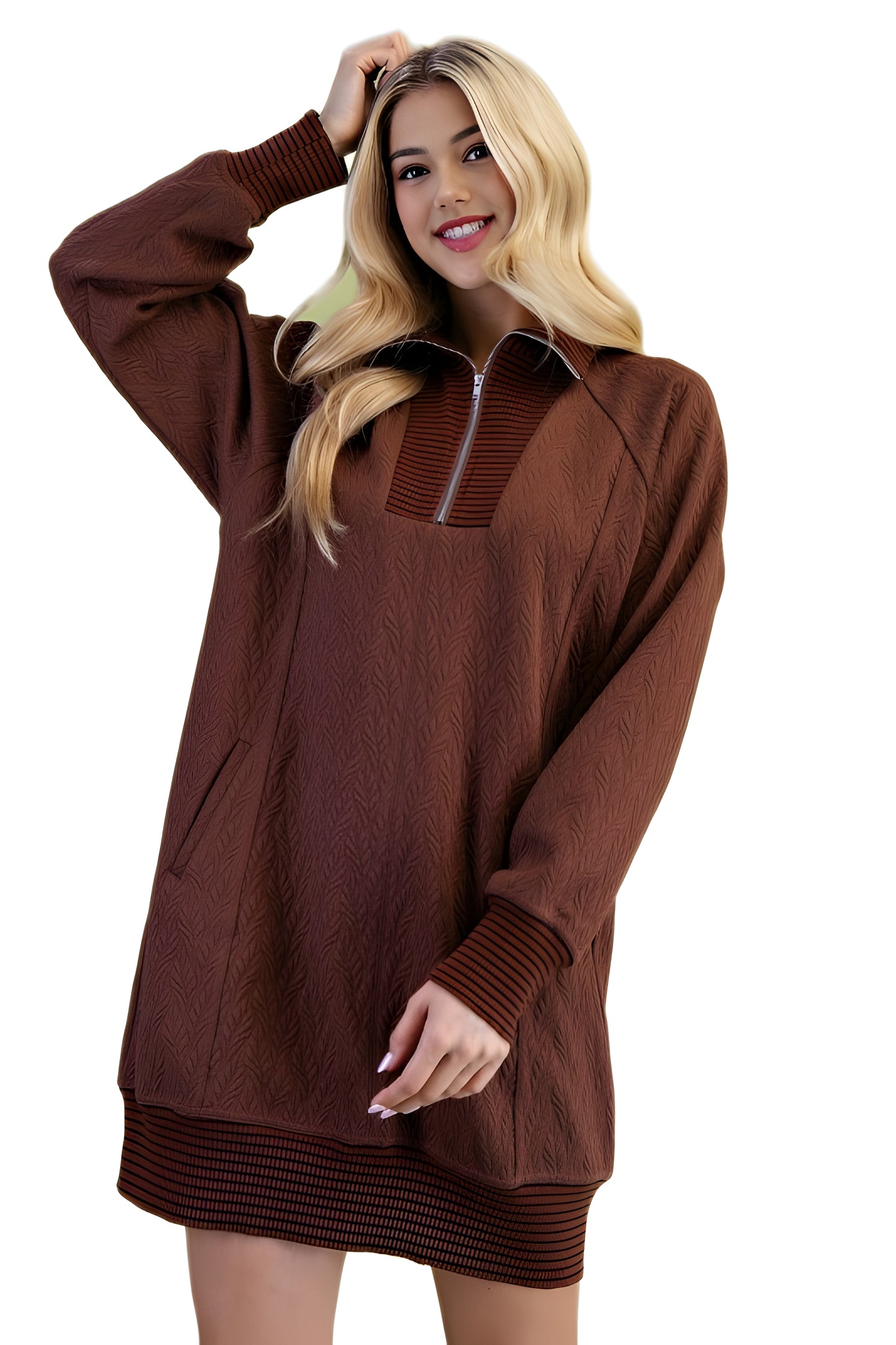 Textured Knit Half-Zip Dress With Contrast Ribbed Trim