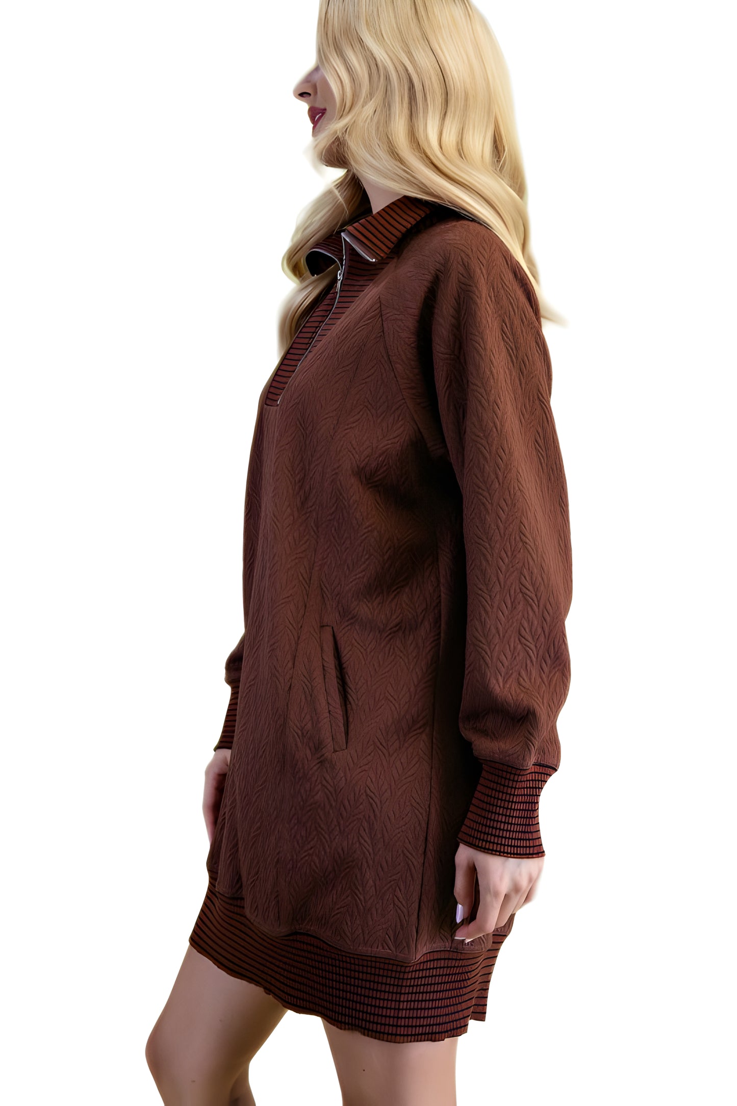 Textured Knit Half-Zip Dress With Contrast Ribbed Trim