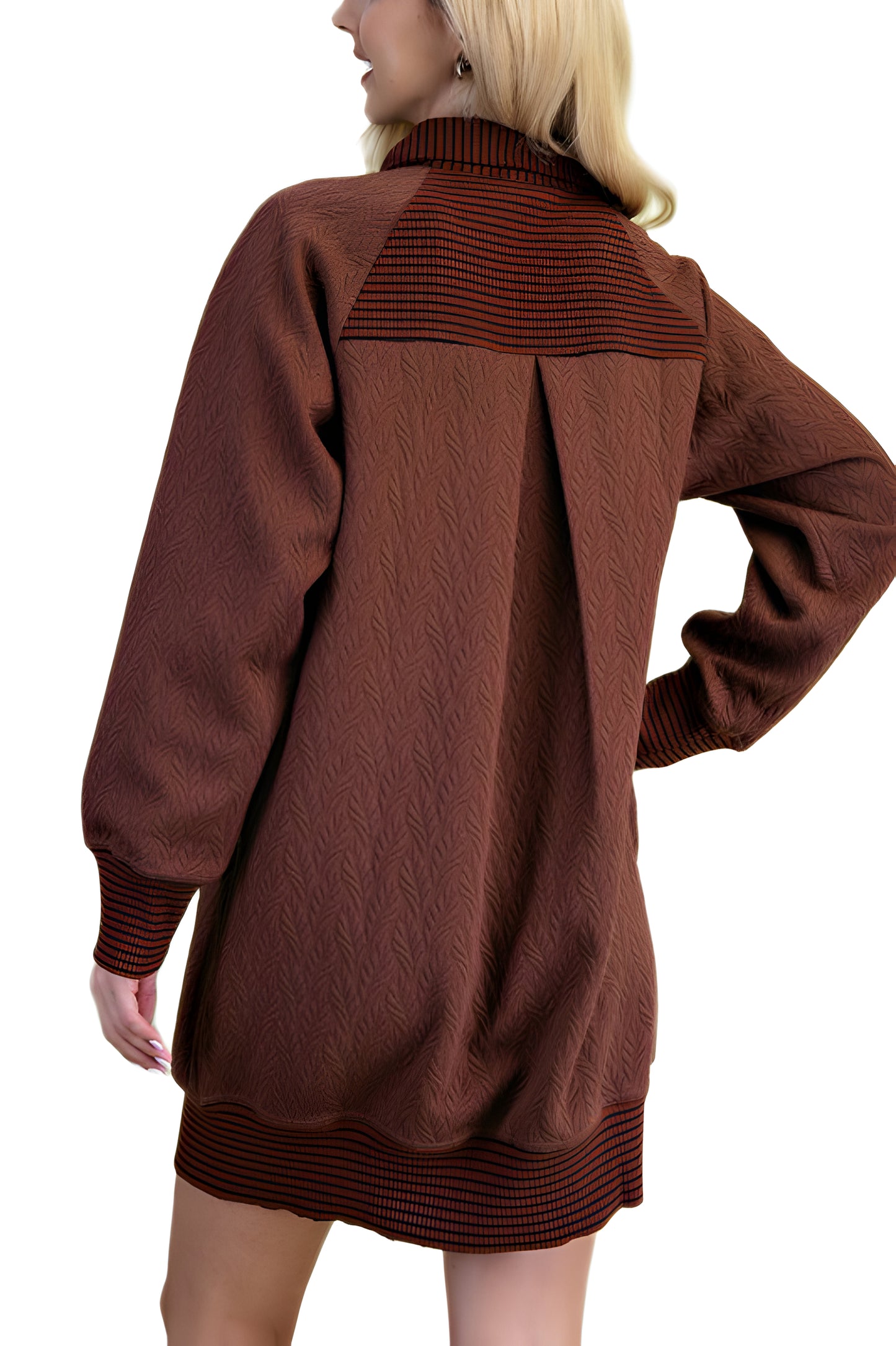 Textured Knit Half-Zip Dress With Contrast Ribbed Trim