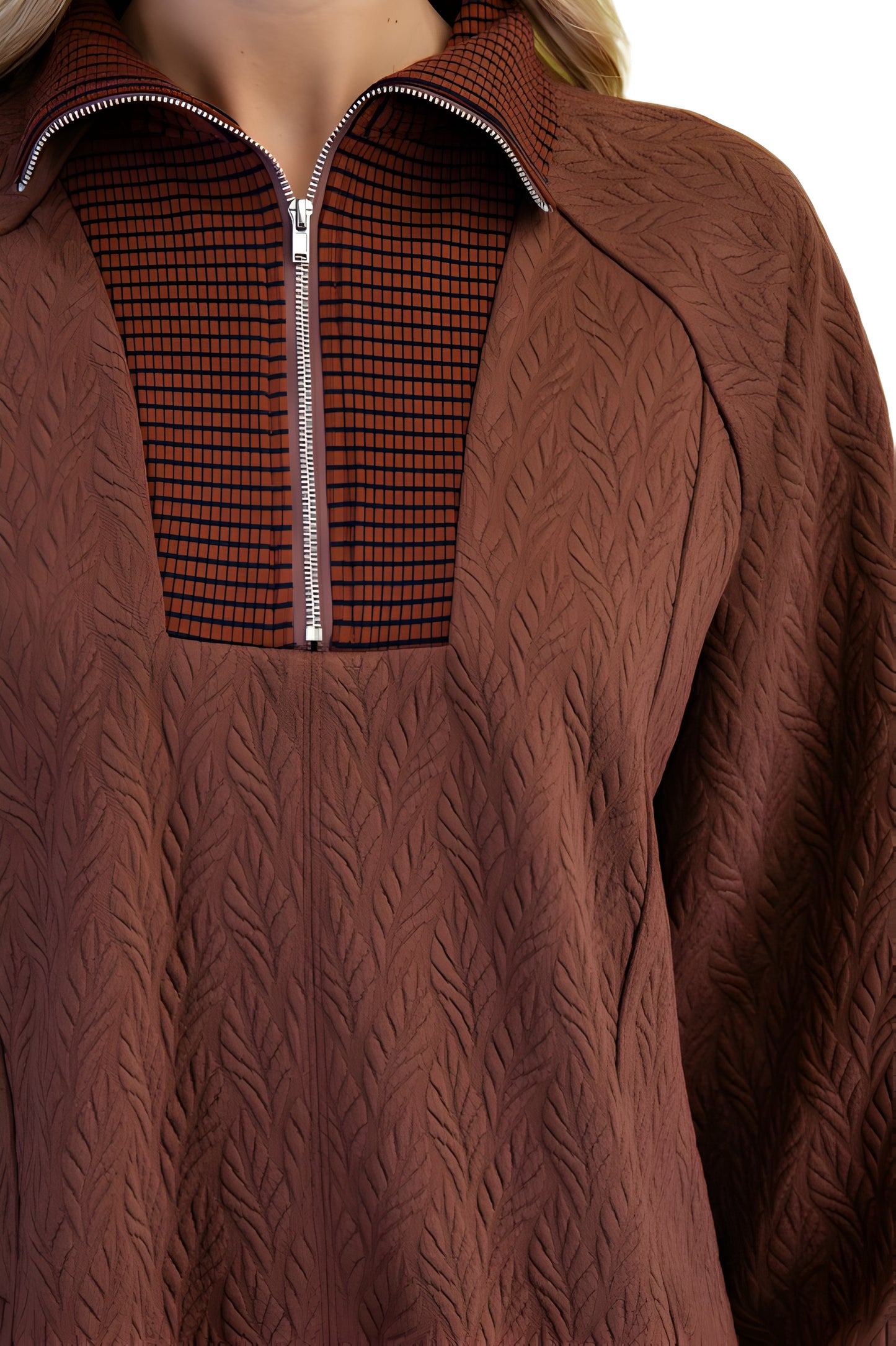 Textured Knit Half-Zip Dress With Contrast Ribbed Trim