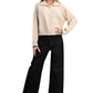 Pleated Ribbed Knit Half-Zip Sweater With Contrast Trim