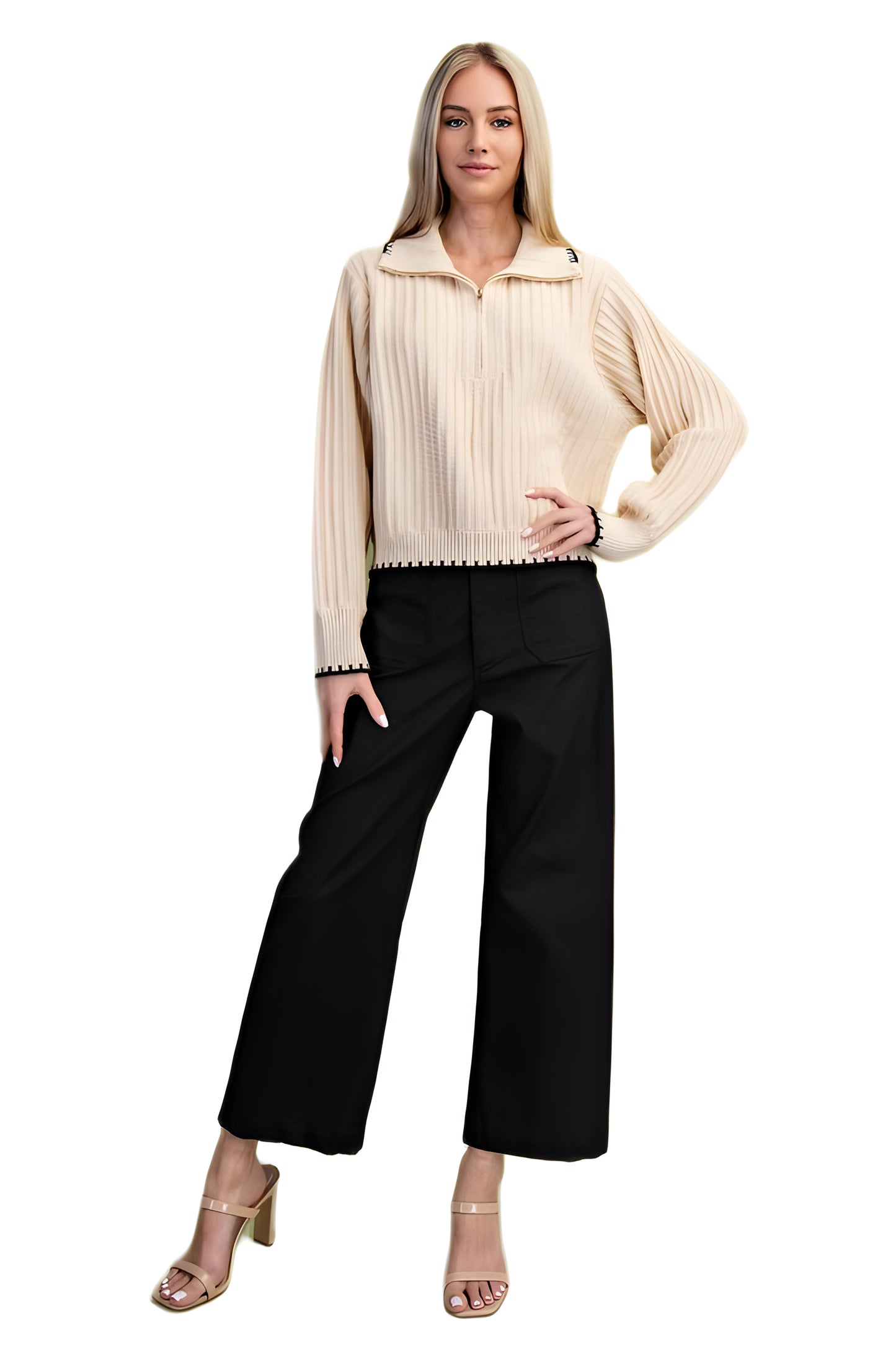 Pleated Ribbed Knit Half-Zip Sweater With Contrast Trim