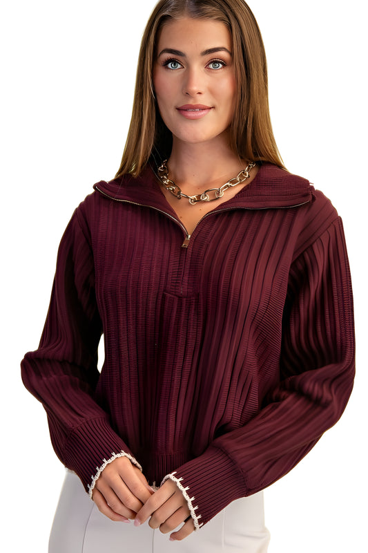 Pleated Ribbed Knit Half-Zip Sweater With Contrast Cuff Trim