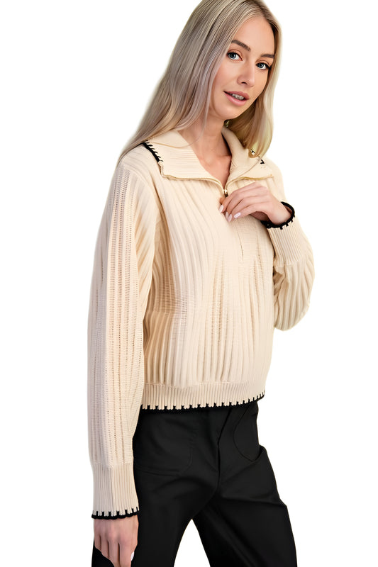 Pleated Ribbed Knit Half-Zip Sweater With Contrast Trim