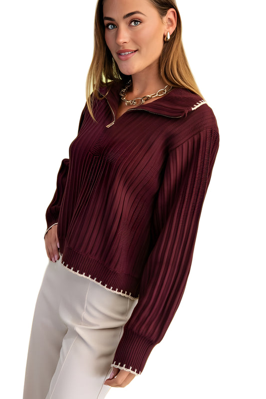 Pleated Ribbed Knit Half-Zip Sweater With Contrast Cuff Trim