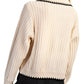 Pleated Ribbed Knit Half-Zip Sweater With Contrast Trim