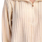 Pleated Ribbed Knit Half-Zip Sweater With Contrast Trim