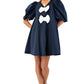 Short Puff Sleeve A-Line Dress With Oversized Bow Accents