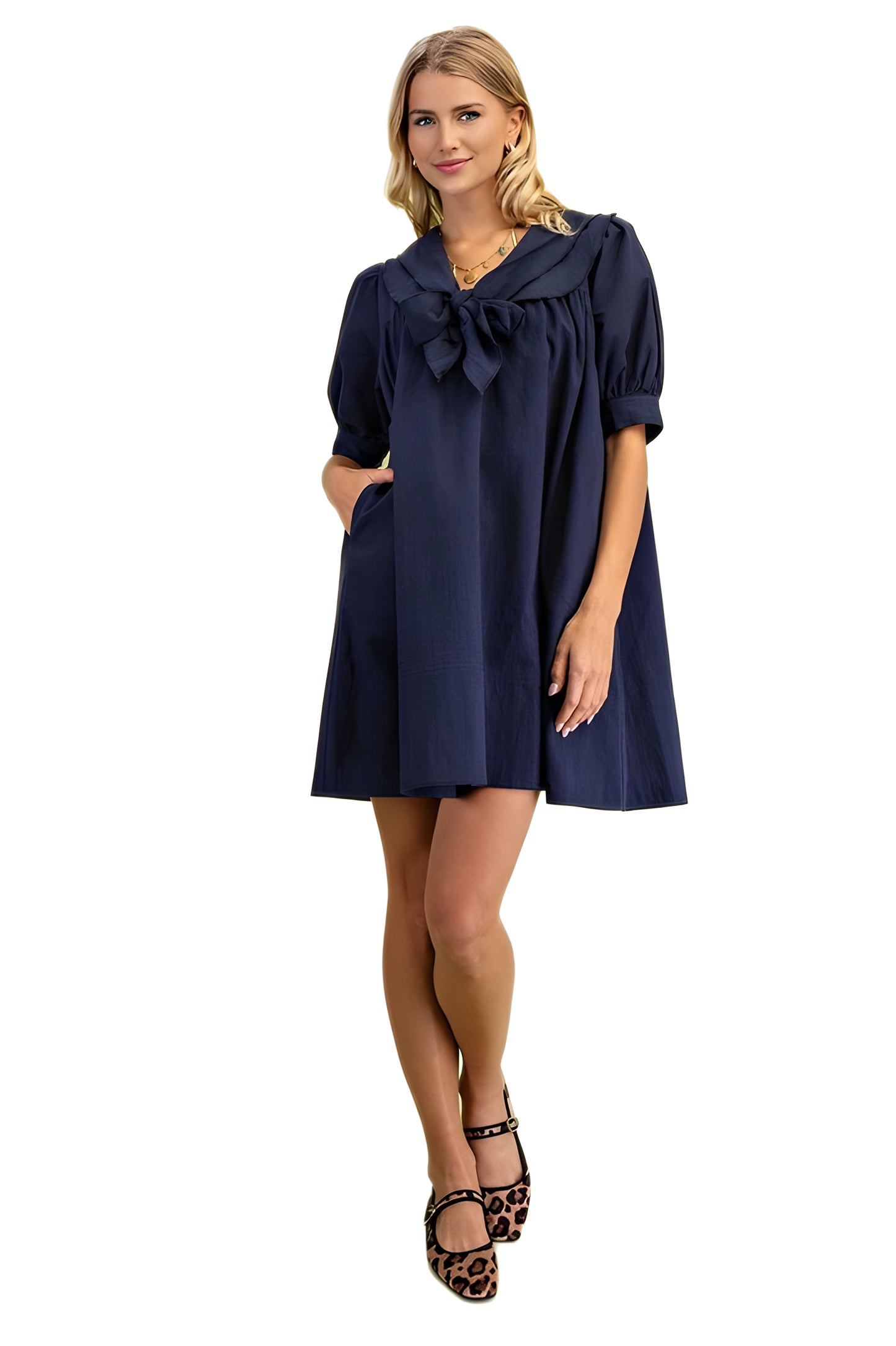Navy Swing Dress With Rolled Sleeves And Oversized Bow Detail