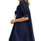 Navy Swing Dress With Rolled Sleeves And Oversized Bow Detail