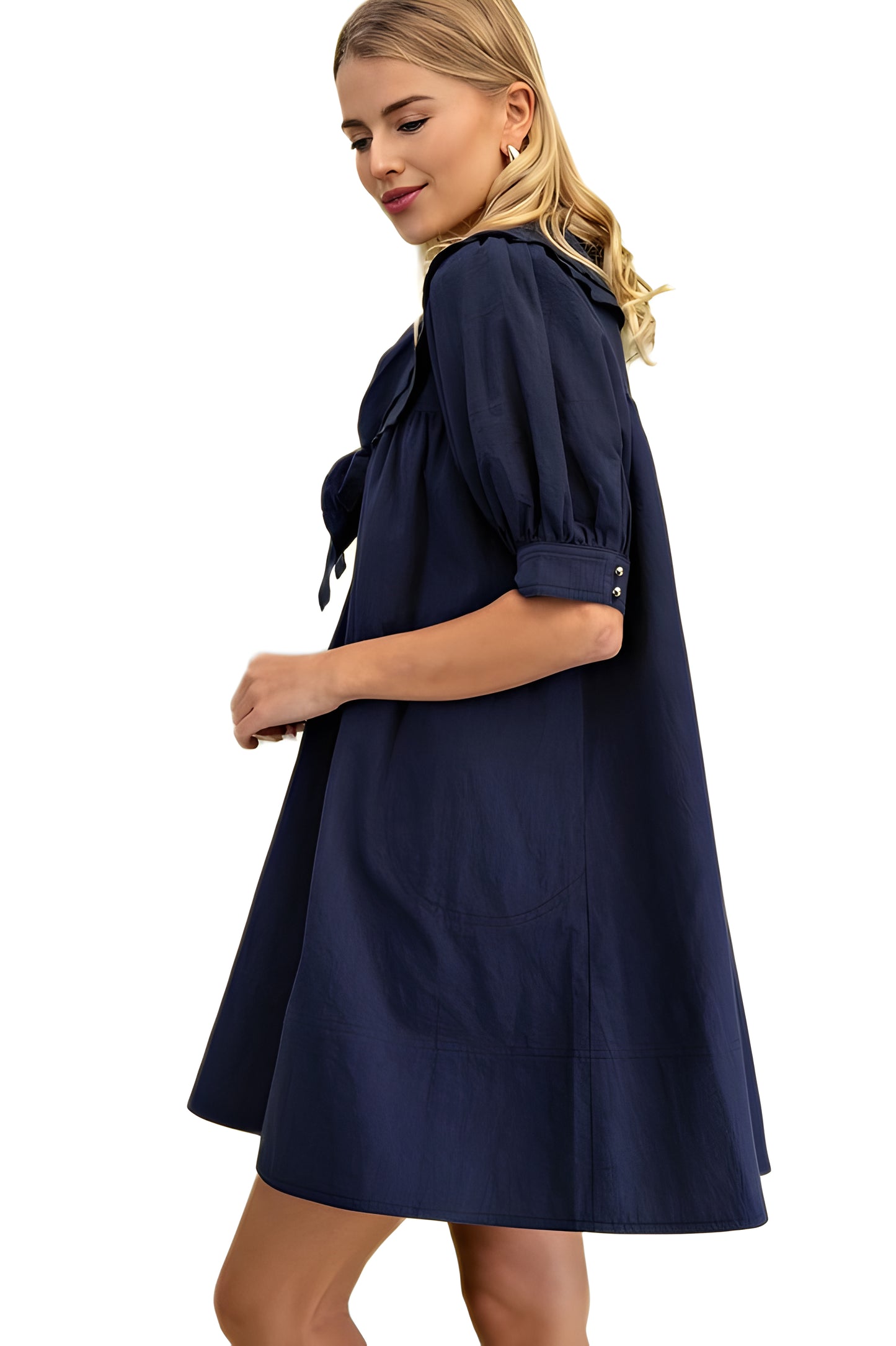 Navy Swing Dress With Rolled Sleeves And Oversized Bow Detail