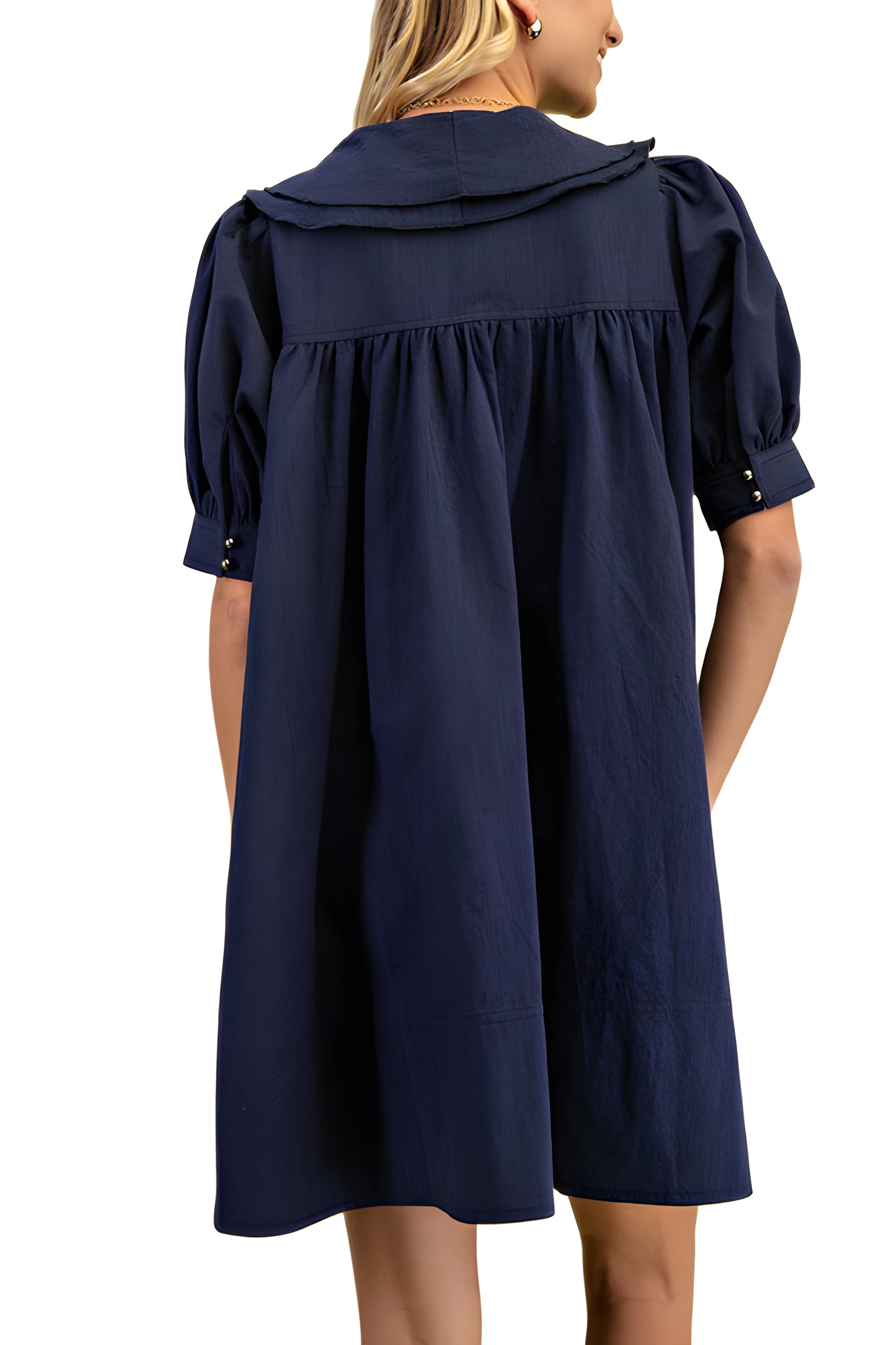 Navy Swing Dress With Rolled Sleeves And Oversized Bow Detail
