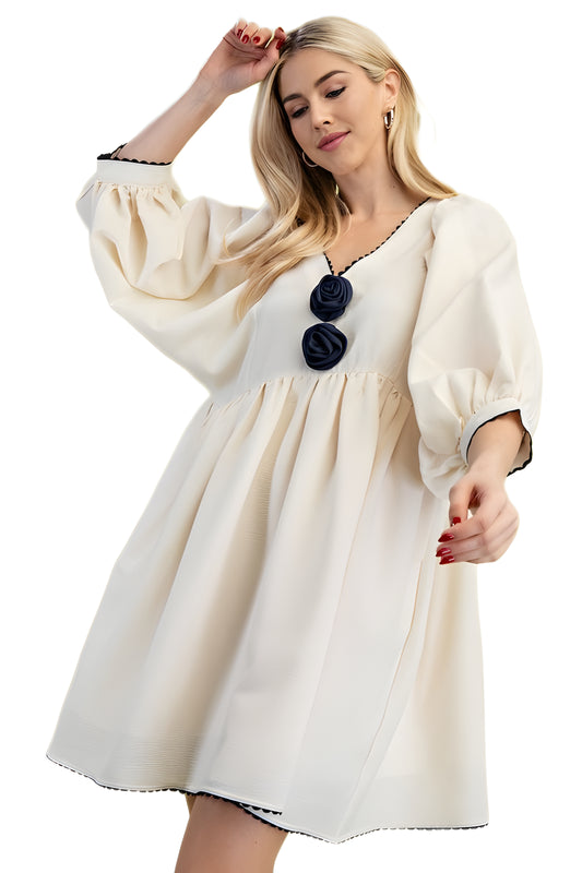 Cream Babydoll Dress With Puff Sleeves and Navy Rosettes