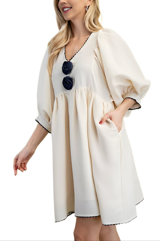 Cream Babydoll Dress With Puff Sleeves and Navy Rosettes