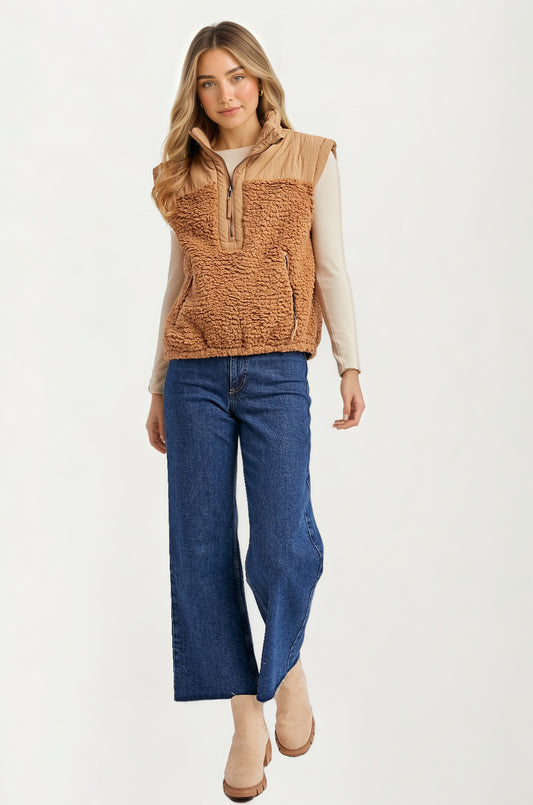 Textured Sherpa Zip Vest with Quilted Detail and Pockets