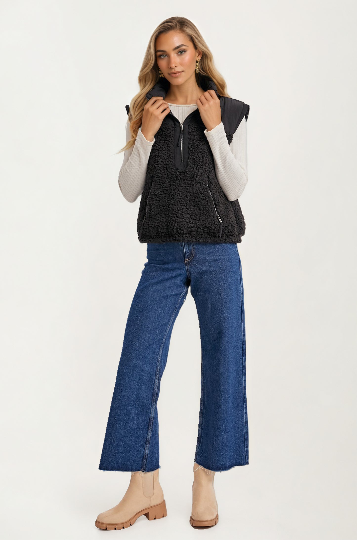 Textured Sherpa Zip Vest with Quilted Detail and Pockets