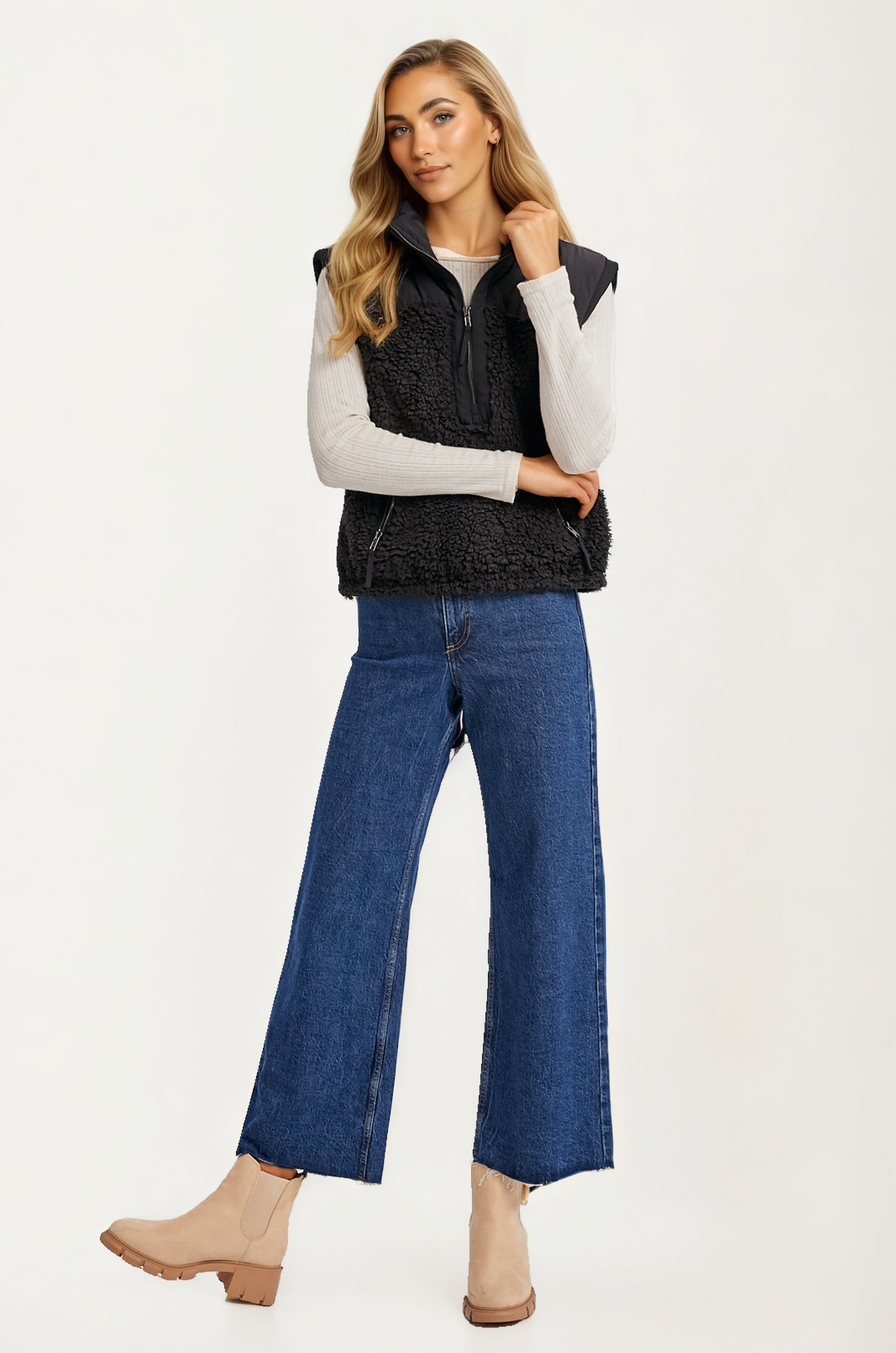 Textured Sherpa Zip Vest with Quilted Detail and Pockets