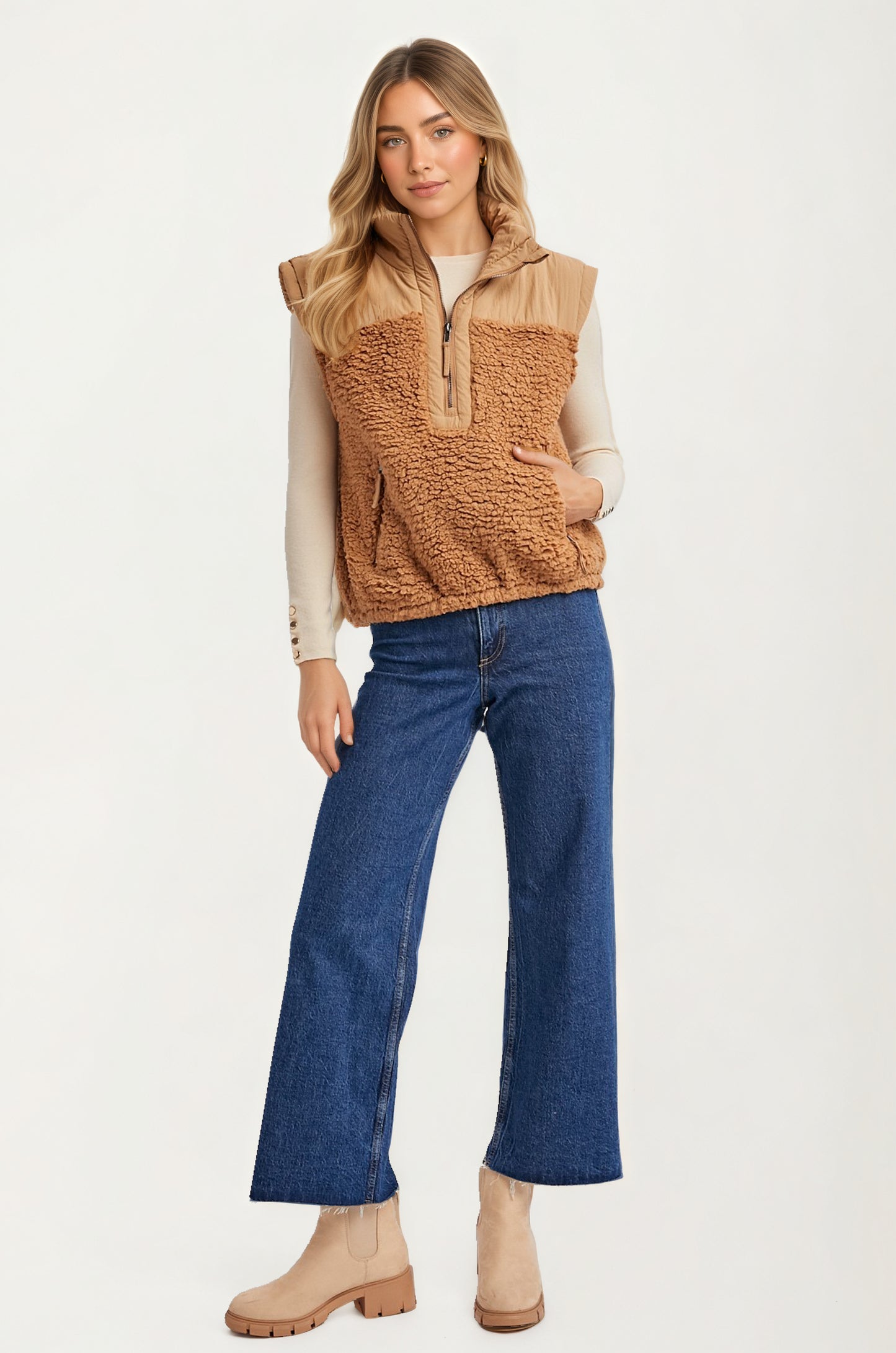 Textured Sherpa Zip Vest with Quilted Detail and Pockets