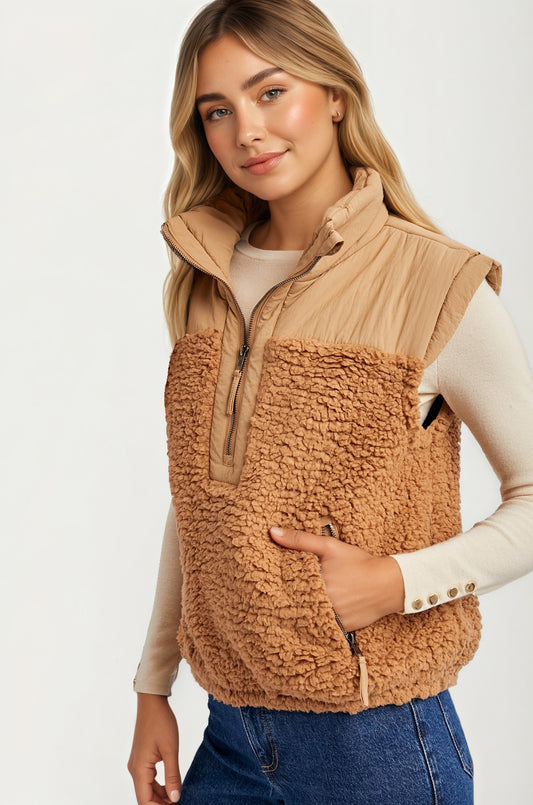 Textured Sherpa Zip Vest with Quilted Detail and Pockets