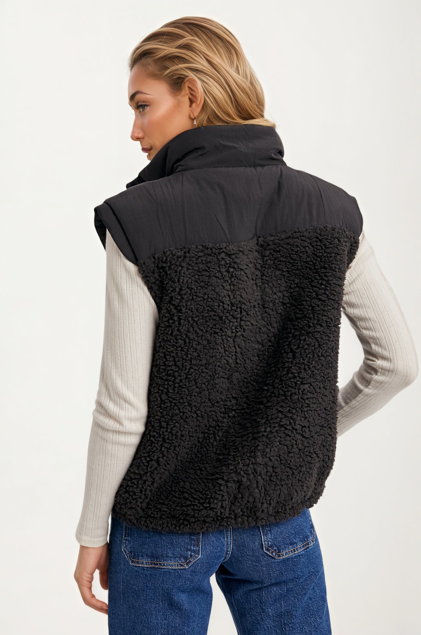 Textured Sherpa Zip Vest with Quilted Detail and Pockets
