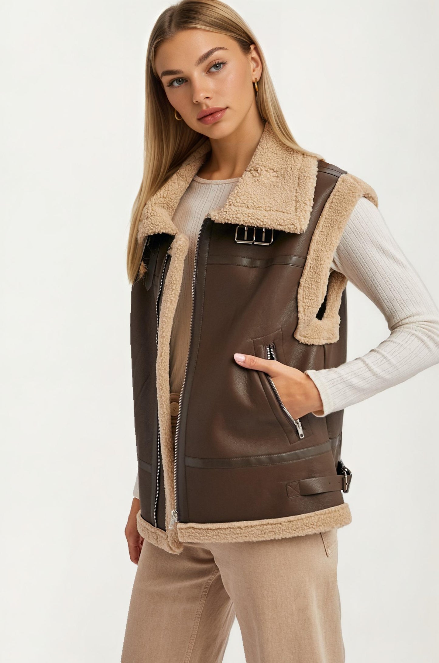 Faux Leather Shearling Vest with Zipper Front