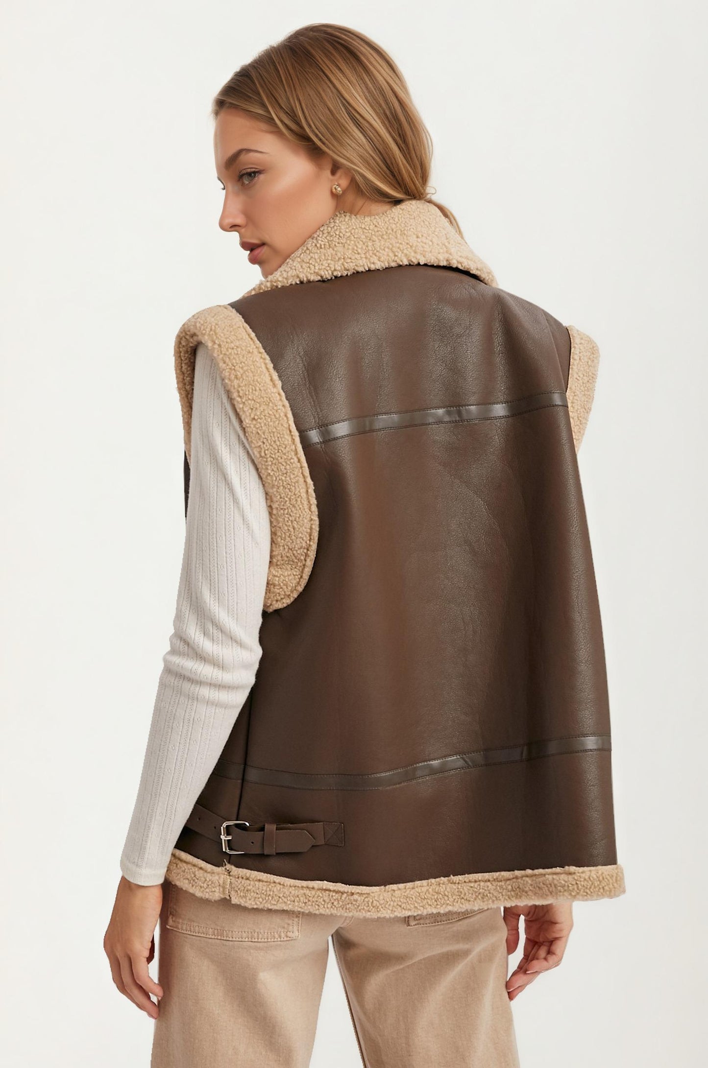 Faux Leather Shearling Vest with Zipper Front