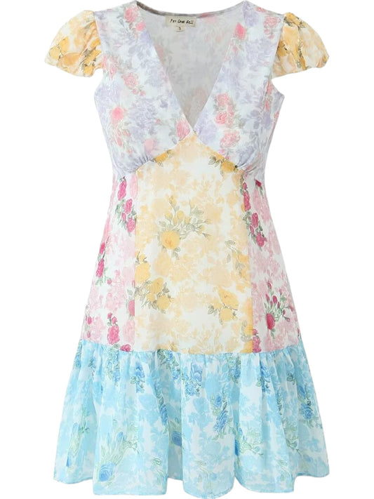 Mixed Floral Print Puffed Cap Sleeve V-Neck Mini Dress