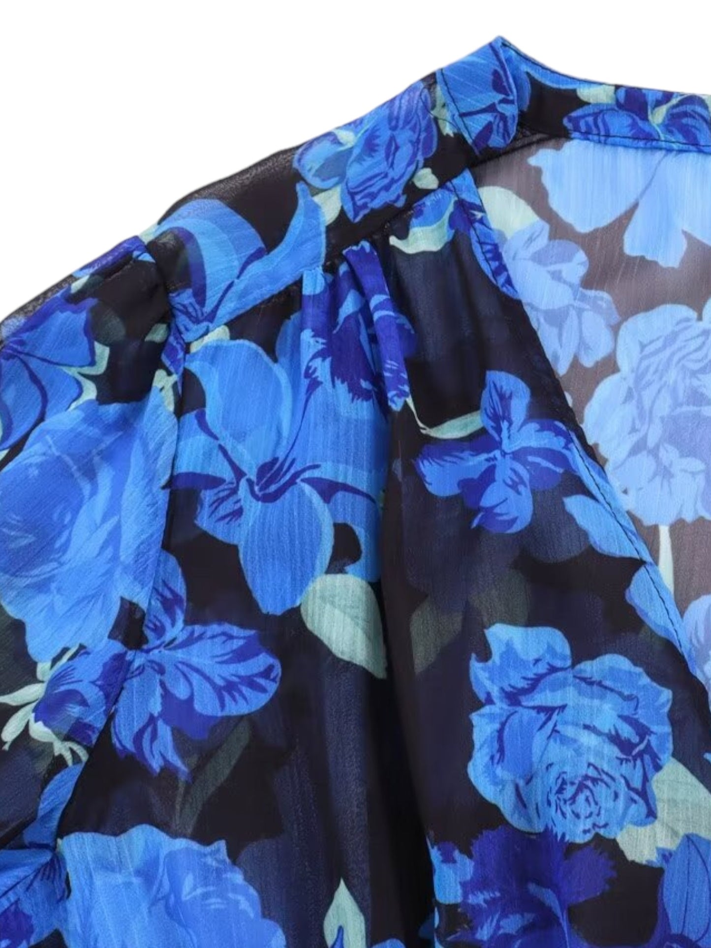 Light Chiffon Royal Blue Floral Print Smocked Waist Blouse