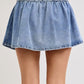 High Waist Pleated Denim Mini Skirt with Button Front Drawstring Detail