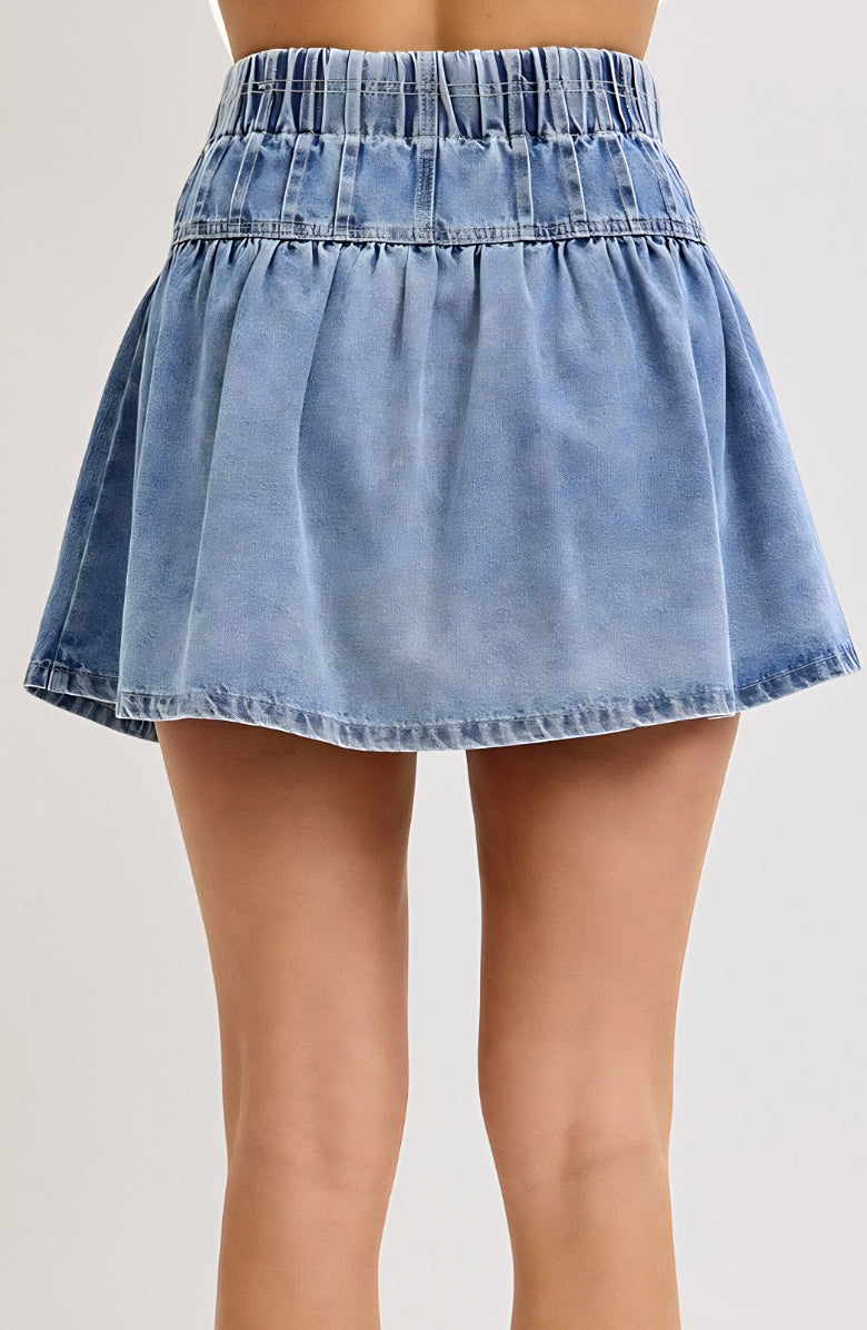 High Waist Pleated Denim Mini Skirt with Button Front Drawstring Detail