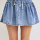 High Waist Pleated Denim Mini Skirt with Button Front Drawstring Detail