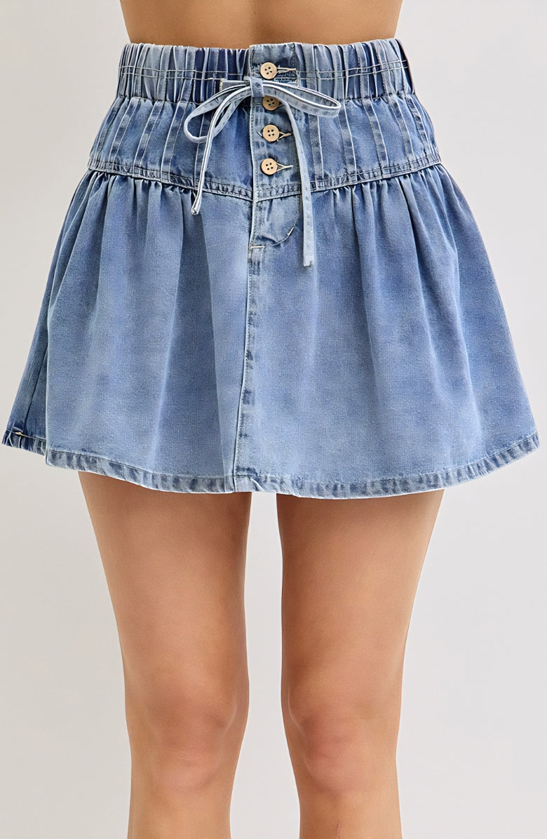 High Waist Pleated Denim Mini Skirt with Button Front Drawstring Detail