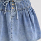 High Waist Pleated Denim Mini Skirt with Button Front Drawstring Detail