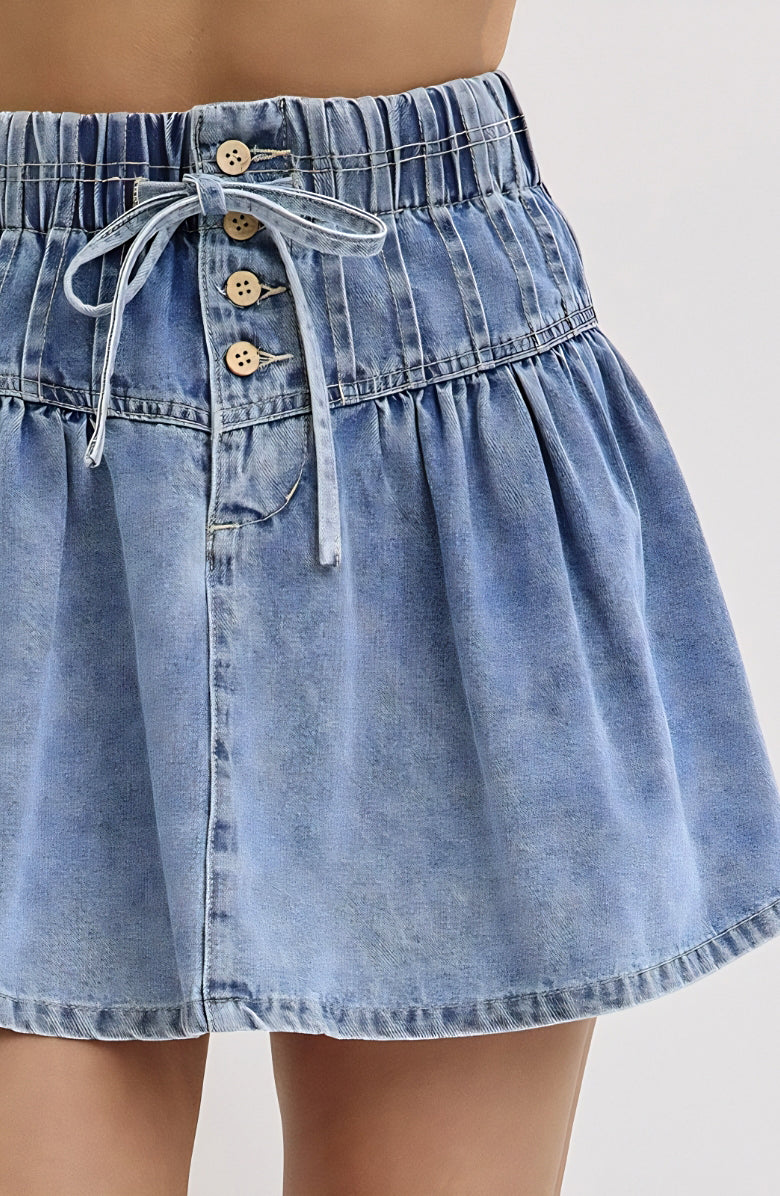High Waist Pleated Denim Mini Skirt with Button Front Drawstring Detail