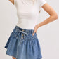 High Waist Pleated Denim Mini Skirt with Button Front Drawstring Detail